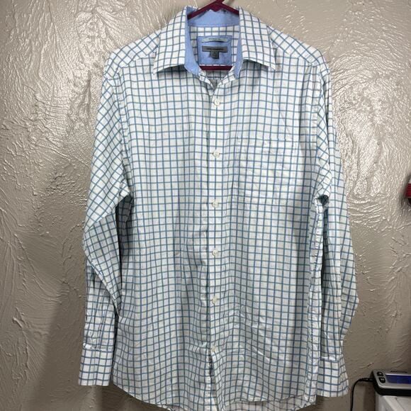 Johnston & Murphy White Long Sleeve Button Up Tailored Fit Check Shirt Mens Sz M - Picture 1 of 5